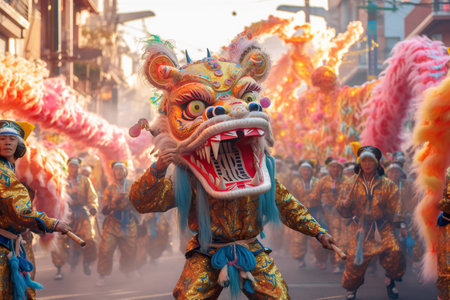 A group of people in colorful costumes walking down a street. Generative AI image. Chinese New Year celebration.の素材