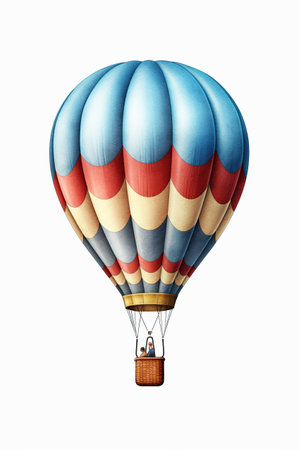 A colorful hot air balloon flying in the sky. Generative AI image.の素材