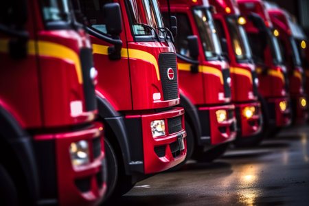 A row of red fire trucks lined up in a row. Generative AI image.の素材