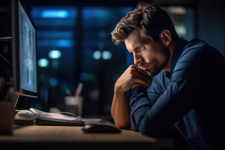 A man sitting at a desk in front of a computer. Generative AI image.の素材