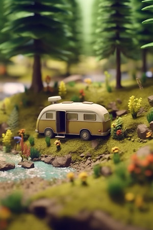 A miniature model of a camper van in the woods. Generative AI image.の素材