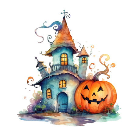 A watercolor painting of a house and a pumpkin. Generative AI image.の素材