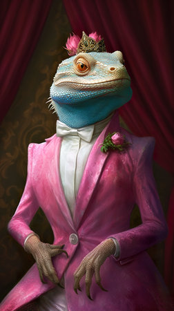 A lizard dressed in a pink suit and tie. Generative AI image.の素材