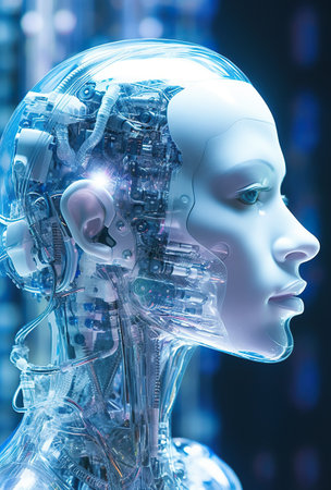 A close up of a persons head and torso. Generative AI image.の素材