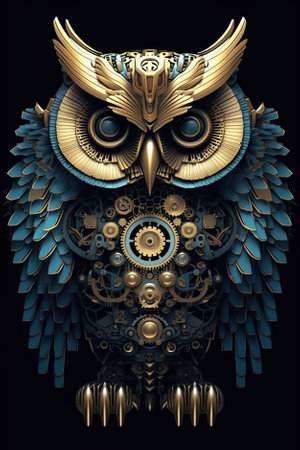 A gold and blue owl sitting on top of a black background. Generative AI image.の素材