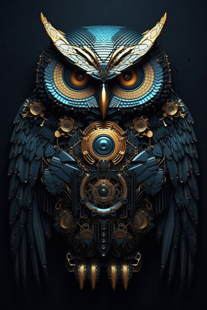 A blue and gold owl sitting on top of a black surface. Generative AI image.の素材