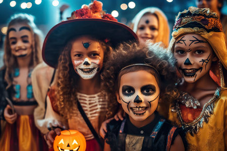 A group of children dressed up in halloween costumes. Generative AI image.の素材