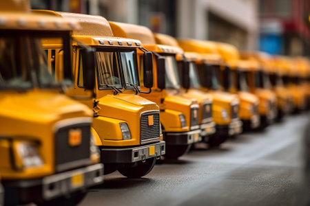 A row of yellow school buses parked on the side of the road. Generative AI image.の素材