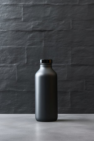 A black bottle sitting on top of a table. Generative AI image.の素材