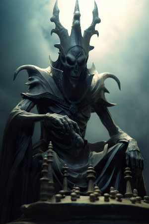 A statue of a demon sitting on top of a chess board. Generative AI image.の素材
