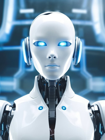 A white robot with headphones standing in front of a blue background. Generative AI image.の素材