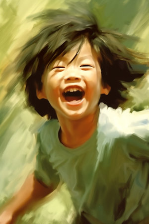 A painting of a young boy laughing and holding a frisbee. Generative AI image.の素材
