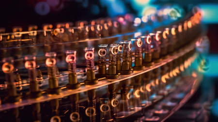 A close up of a bunch of glass tubes on a shelf. Generative AI image.の素材