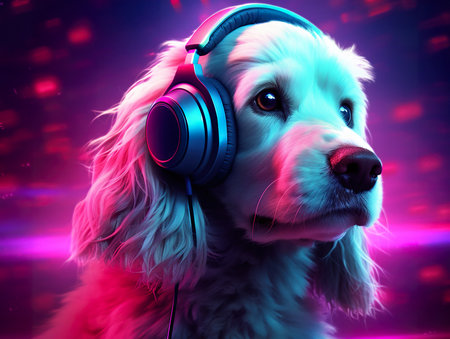 A dog with headphones on looking at the camera. Generative AI image.の素材