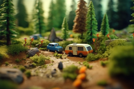 A miniature model of a camper van in a forest. Generative AI image.の素材