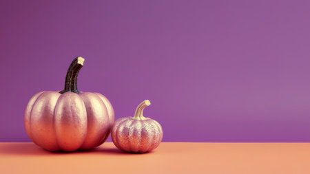 A couple of metallic pumpkins sitting next to each other. Generative AI image.の素材