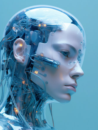 A close up of a persons head with wires attached to it. Generative AI image.の素材