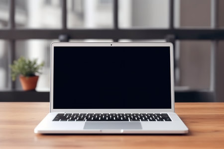 A laptop computer sitting on top of a wooden table. Generative AI image. Laptop mockup.の素材