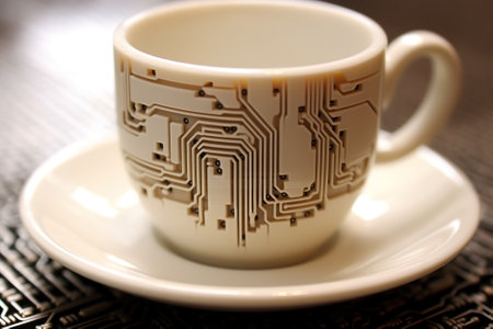 A coffee cup with a circuit printed on it. Generative AI image.の素材