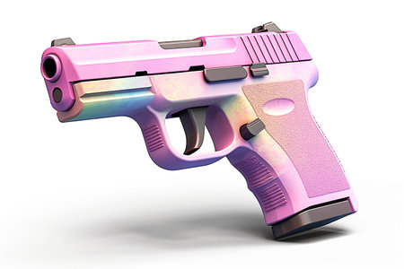 A pink gun on a white surface with a white background. Generative AI image. Stop gun violence.の素材