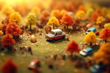 A toy car is parked in the middle of a field. Generative AI image.の素材