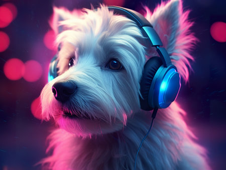 A white dog wearing headphones and looking at the camera. Generative AI image.の素材
