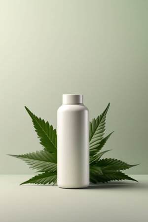 A white bottle with a green leaf on a table. Generative AI image. Mockup of supplement bottle.の素材