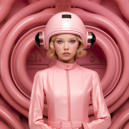 A woman in a pink dress and a pink helmet. Generative AI image.の素材