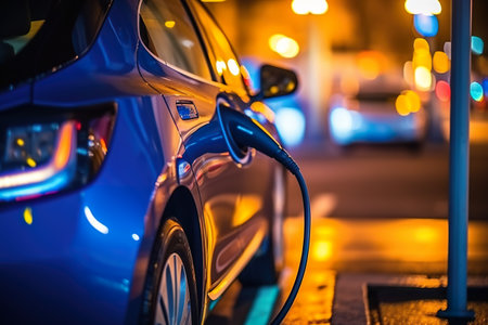 A blue car plugged into a charging station. Generative AI image.の素材