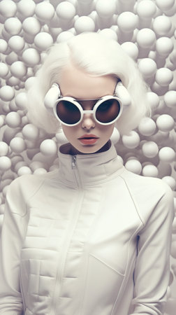 A woman with white hair wearing sunglasses and a white jacket. Generative AI image.の素材