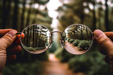 A person holding up a pair of glasses with trees in the background. Generative AI image.の素材