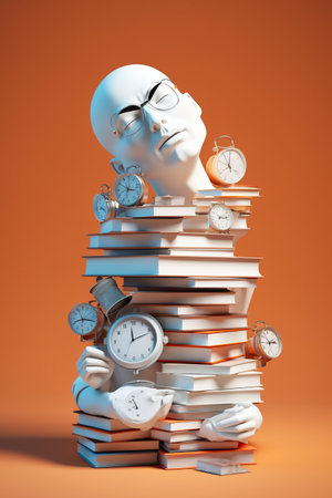 A pile of books with a head on top of it. Generative AI image.の素材