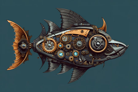 A mechanical fish with gears attached to its body. Generative AI image.の素材