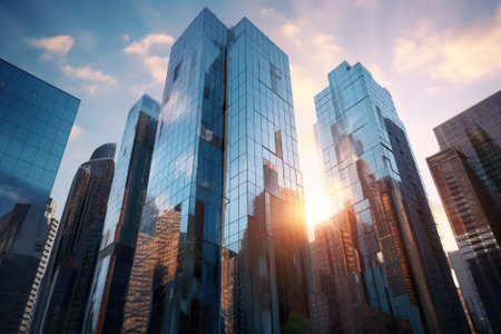 The sun shines through the windows of a skyscraper. Generative AI image.の素材