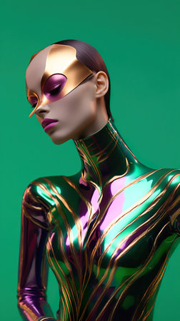 A woman in a shiny metallic bodysuit. Generative AI image.の素材
