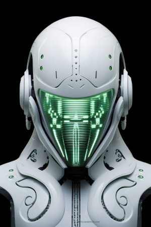 A white robot with green lights on his face. Generative AI image.の素材