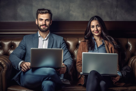 A man and a woman sitting on a couch with laptops. Generative AI image.の素材