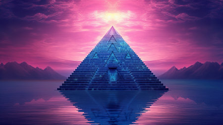 A pyramid of steps in the middle of a body of water. Generative AI image.の素材