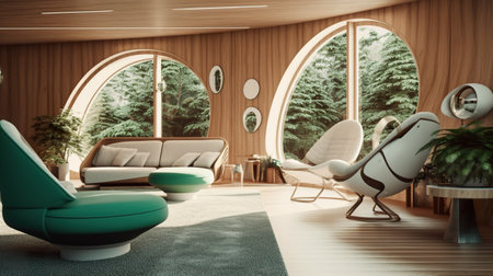 Mid century retro futuristic pod house in green and beige. AI generative imageの素材
