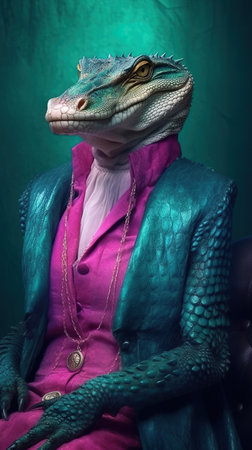 A lizard dressed in a purple dress and a blue jacket. Generative AI image.の素材