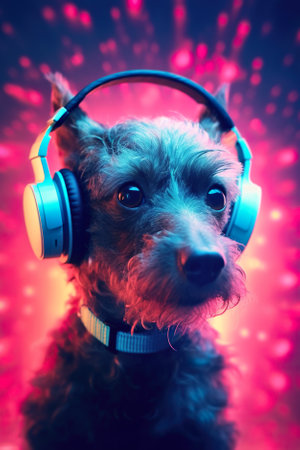 A small dog wearing headphones on a red background. Generative AI image.の素材