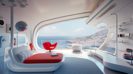 Mid century retro futuristic pod house, white with orange. AI generative imageの素材