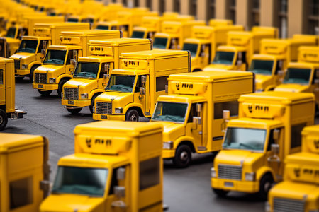 A lot of yellow trucks parked in a parking lot. Generative AI image.の素材
