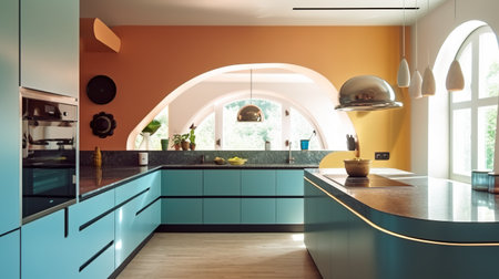 A kitchen with blue cabinets and orange walls. Generative AI image.の素材