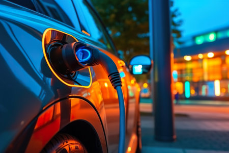 An electric car plugged into a charging station. Generative AI image.の素材