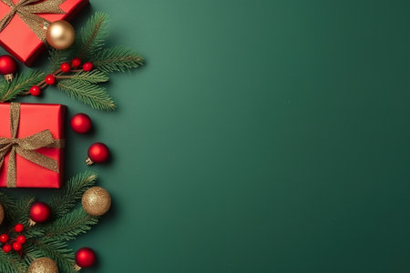 A green background with christmas decorations and presents. Generative AI image.の素材