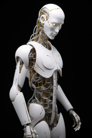 A white and gold robot standing on a black surface. Generative AI image.の素材