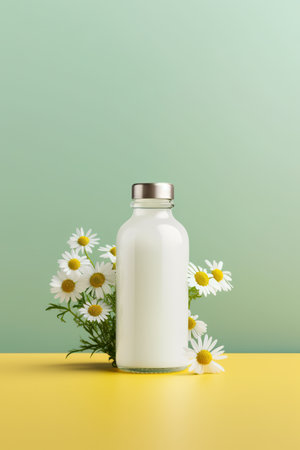 A bottle of milk and some daisies on a table. Generative AI image. Beauty product bottle mockup.の素材