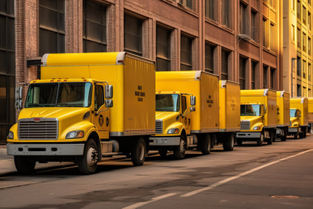 A row of yellow delivery trucks parked on the side of the road. Generative AI image.の素材