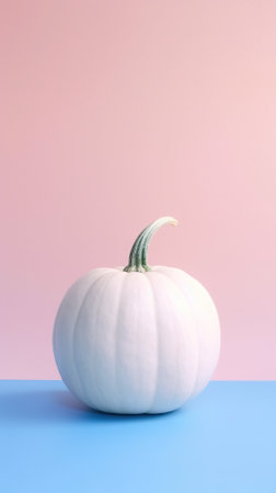 A white pumpkin sitting on top of a blue and pink surface. Generative AI image.の素材